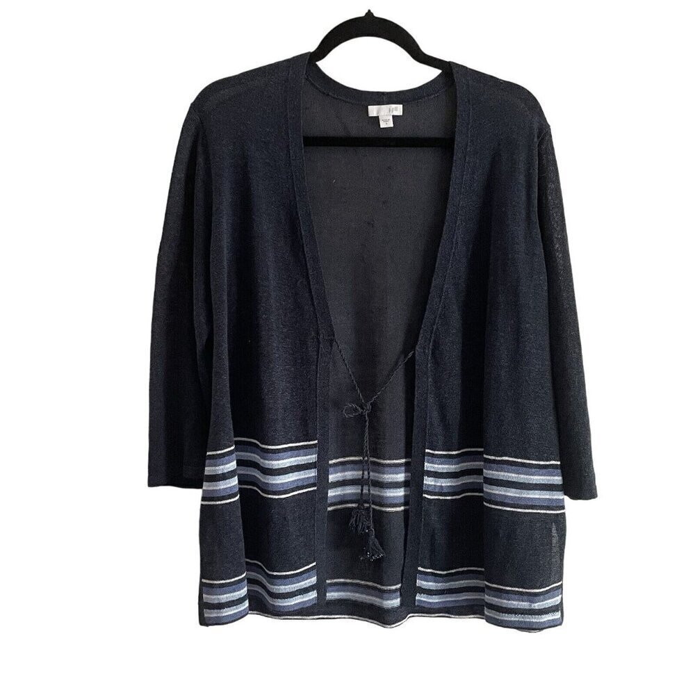J.Jill Women SZ S Navy Blue Striped Tie Waist Tasseled Closure Linen Cardigan